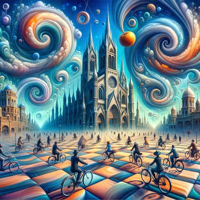 Primary subject: People riding bicycles

Setting/background: A city with a large cathedral in the background

Visual style: Digital art

Colors and mood: The image is colorful and vibrant, with a lively atmosphere.